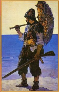 Robinson Crusoe -kirjan kuvitusta vuodelta 1920. Kuvittaja N. C. Wyeth.